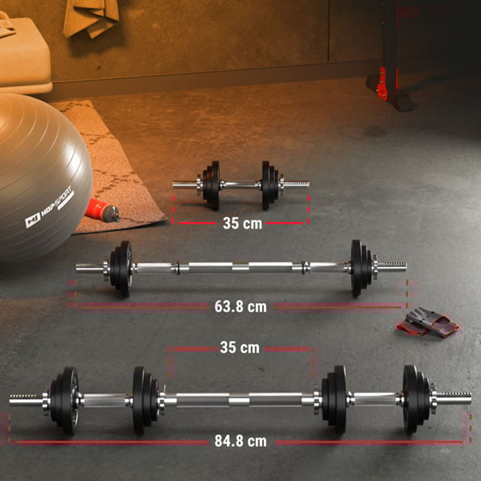 Presentate diverse configurazioni di manubri con bilanciere estensibile 2x10kg del marchio hop-sport