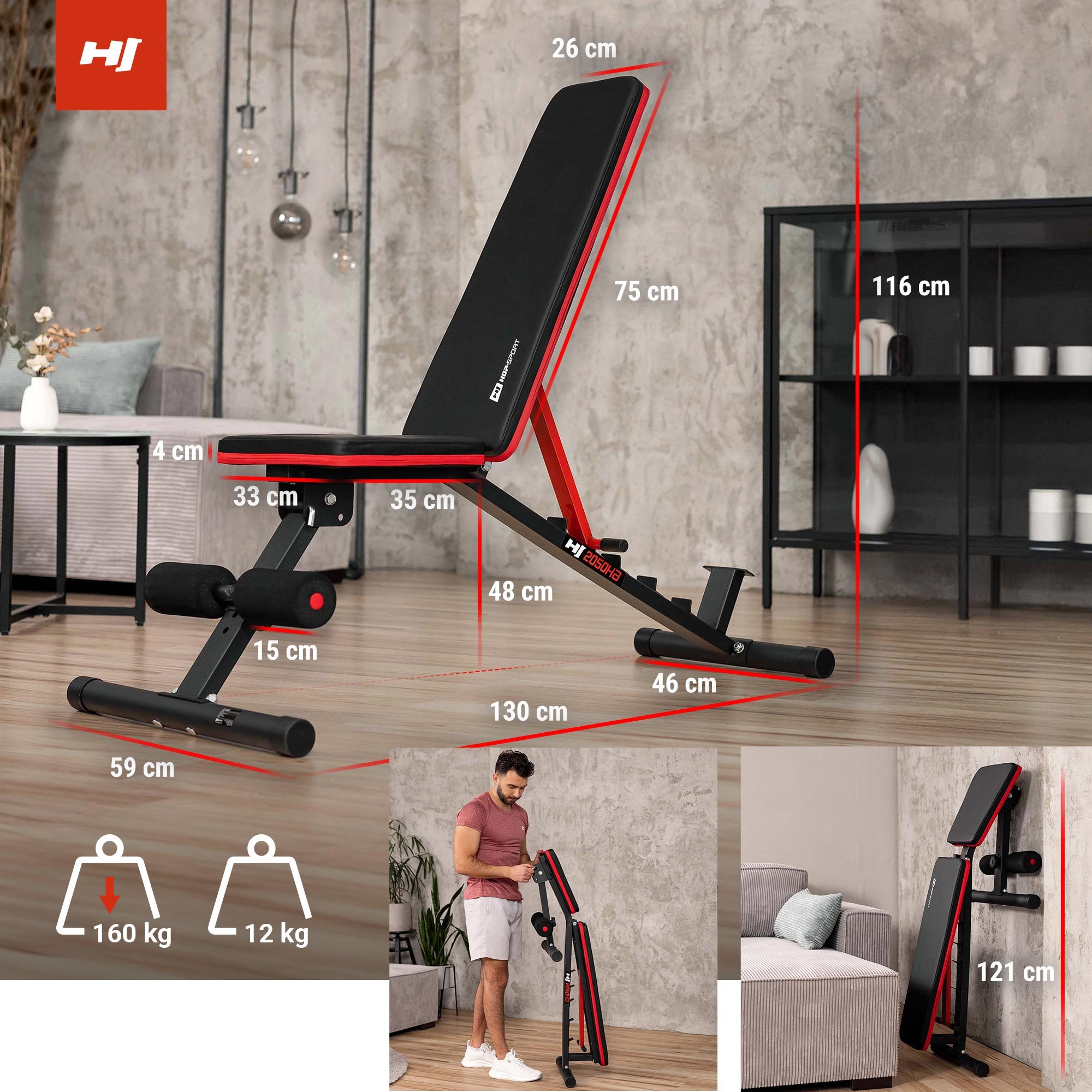 Dimensioni e carico massimo della panca 2050HB del marchio Hop-Sport