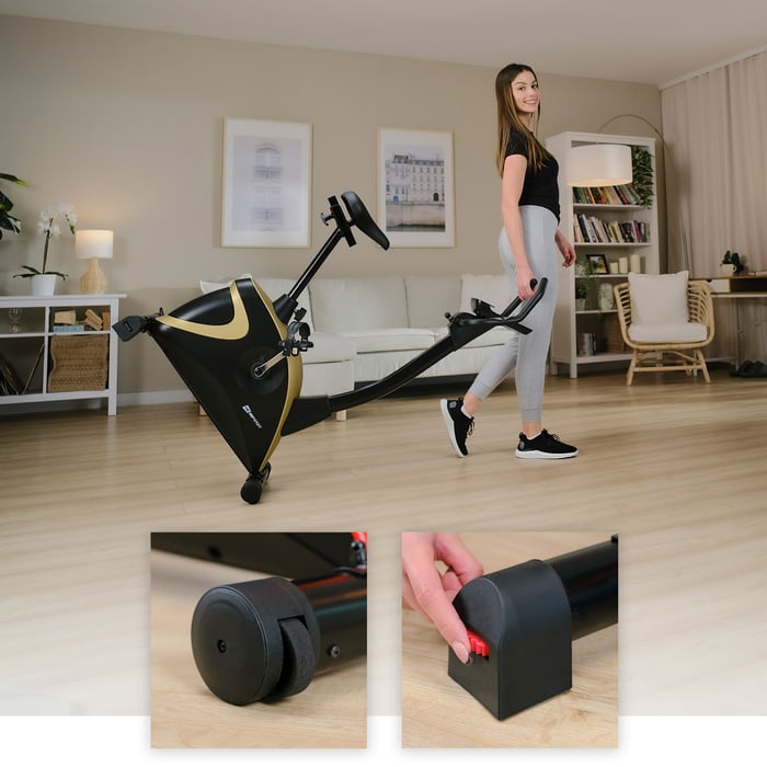 Bicicletta stazionaria HS-005H Host dorata con piedini di livellamento e ruote di trasporto