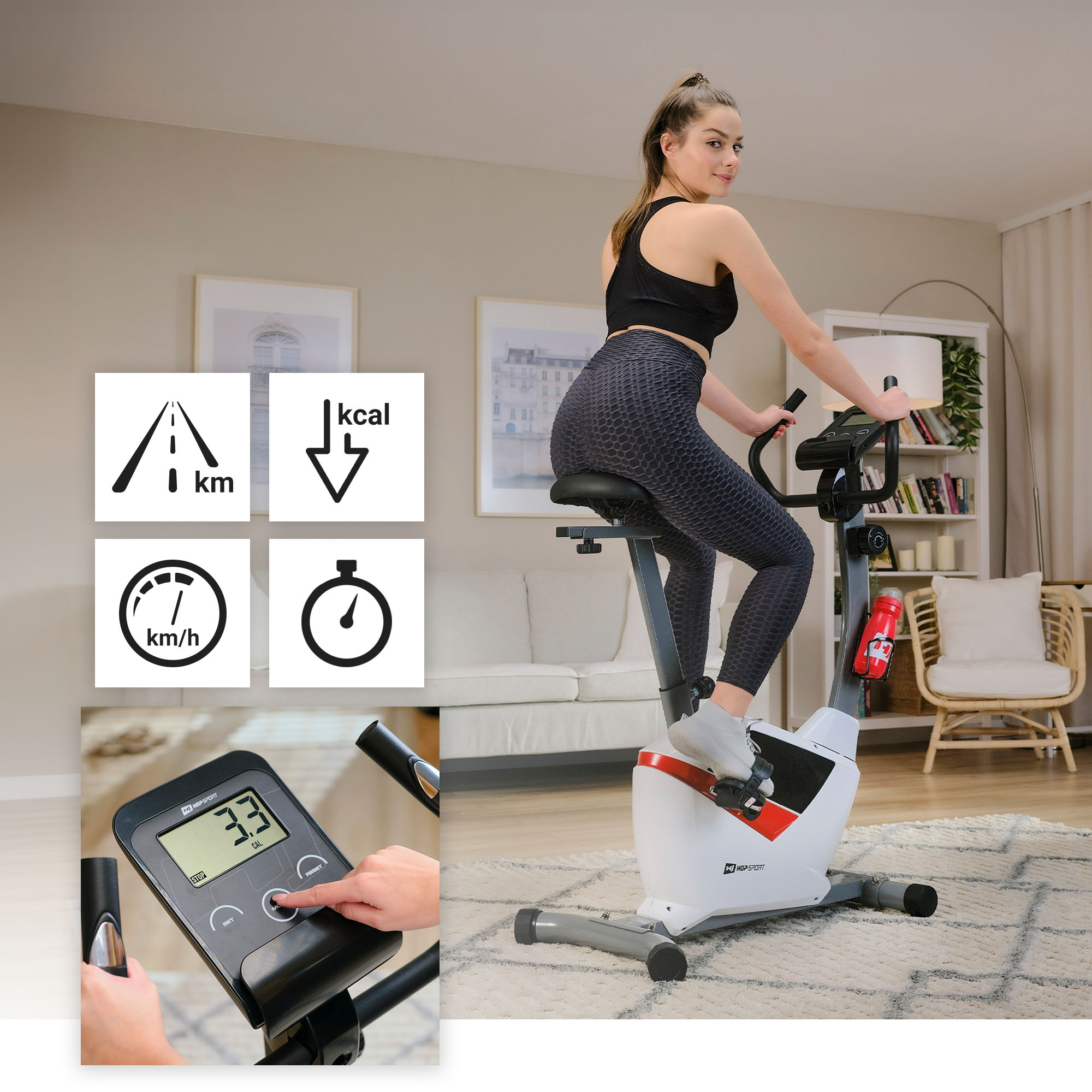 parametri di allenamento nella cyclette Hop-Sport Aveo bianca