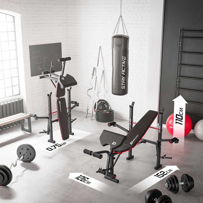 Mostrate le dimensioni della panca da allenamento HS-1055 del marchio Hop-sport piegata e aperta