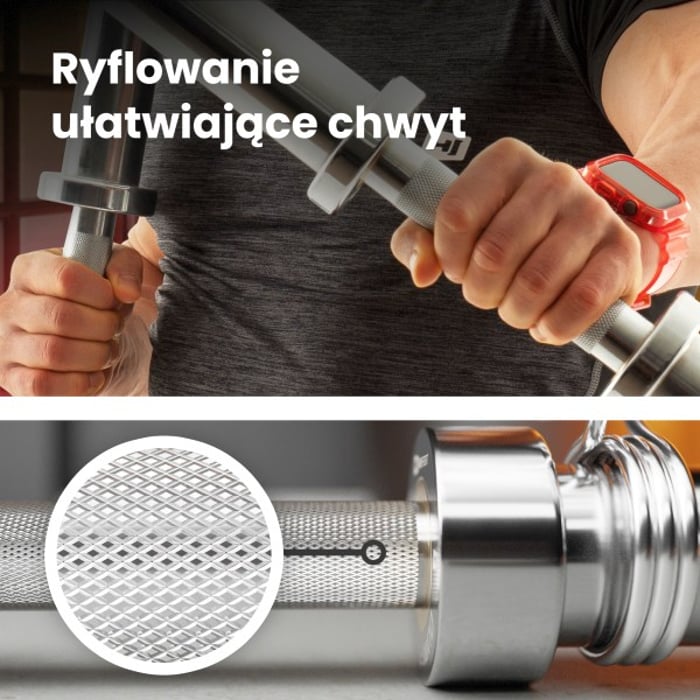 Primo piano della zigrinatura nel bilanciere olimpico in acciaio cromato del marchio Hop-sport