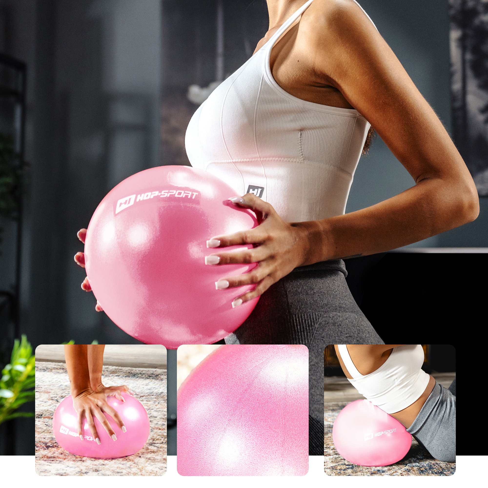 Modella si allena con palla rosa da pilates Hop-Sport