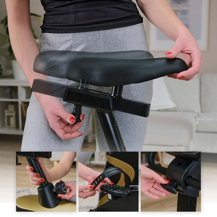 Bicicletta stazionaria HS-005H Host dorata con regolazione verticale e orizzontale del sellino, regolazione del manubrio e delle cinghie dei pedali