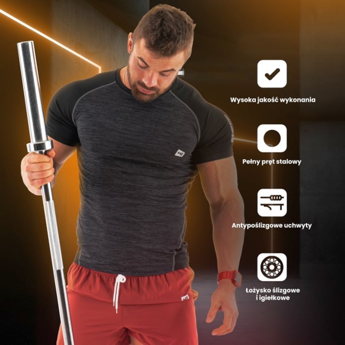 Ragazzo che tiene in mano un bilanciere olimpico in acciaio cromato marca Hop-sport