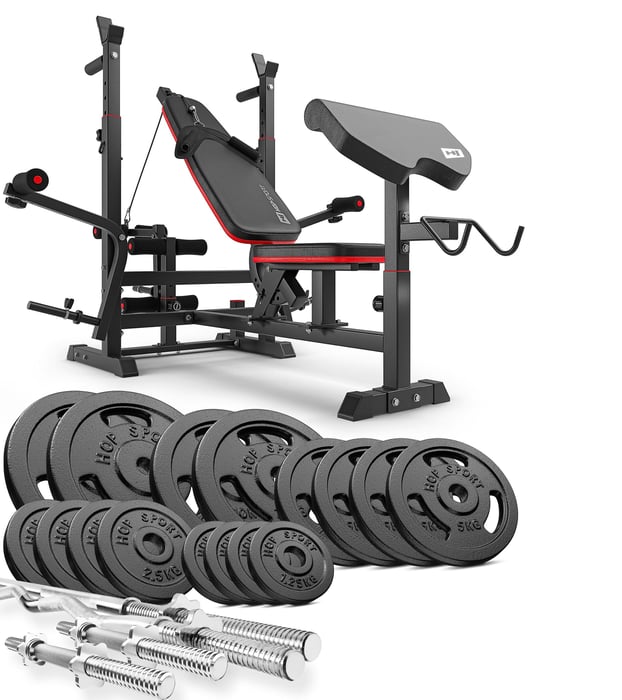 Set culturistico 106kg del marchio Hop-sport con panca da allenamento HS-1075 
