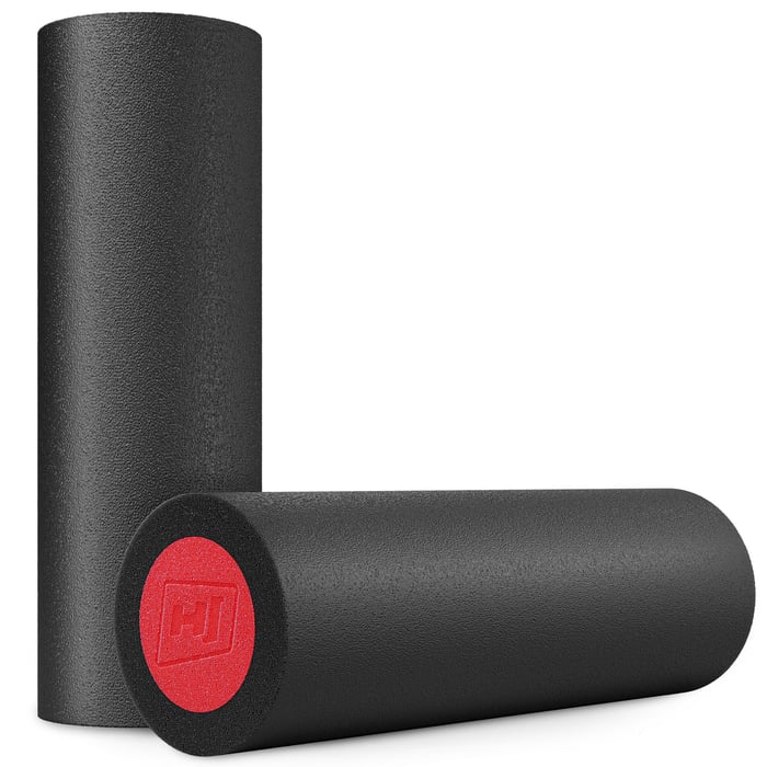 Rullo per massaggio post-allenamento realizzato in resistente schiuma EPE di colore nero-rosso