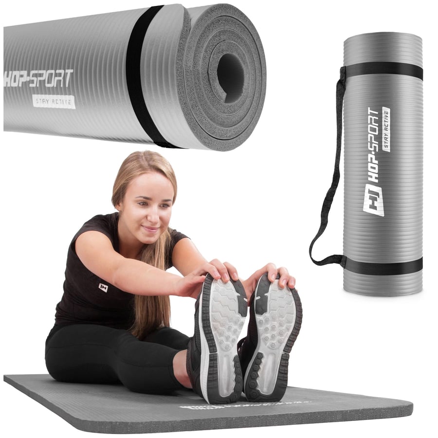 Tapettino per fitness, yoga o pilates, con cinghia di trasporto ed antiscivolo.  NBR 1,5cm grigio