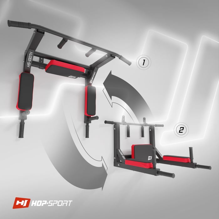 Due possibilità di utilizzo, come barra per trazioni o parallele da allenamento del marchio Hop-Sport