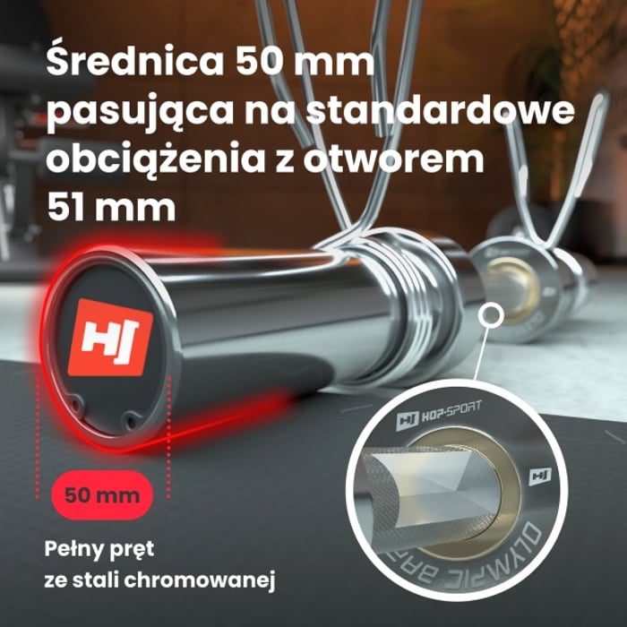 Primo piano del bilanciere olimpico in acciaio cromato del marchio Hop-sport con diametro di 50 mm
