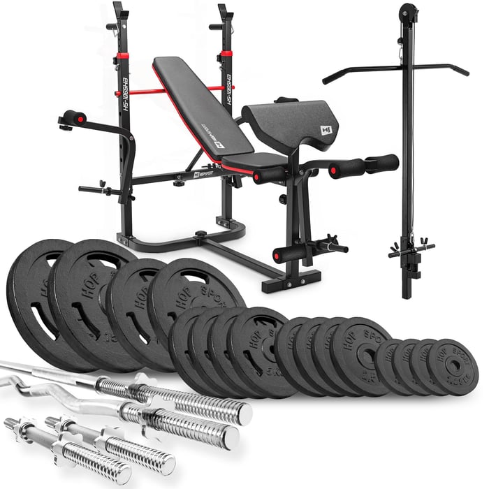 Set culturistico 106kg marca Hop-sport con panca da allenamento HS-1065 e lat machine
