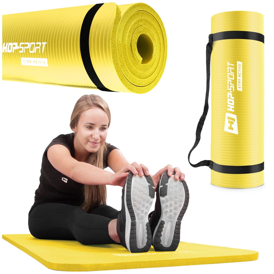 Tapettino per fitness, yoga o pilates, con cinghia di trasporto ed antiscivolo. NBR 1,5cm giallo