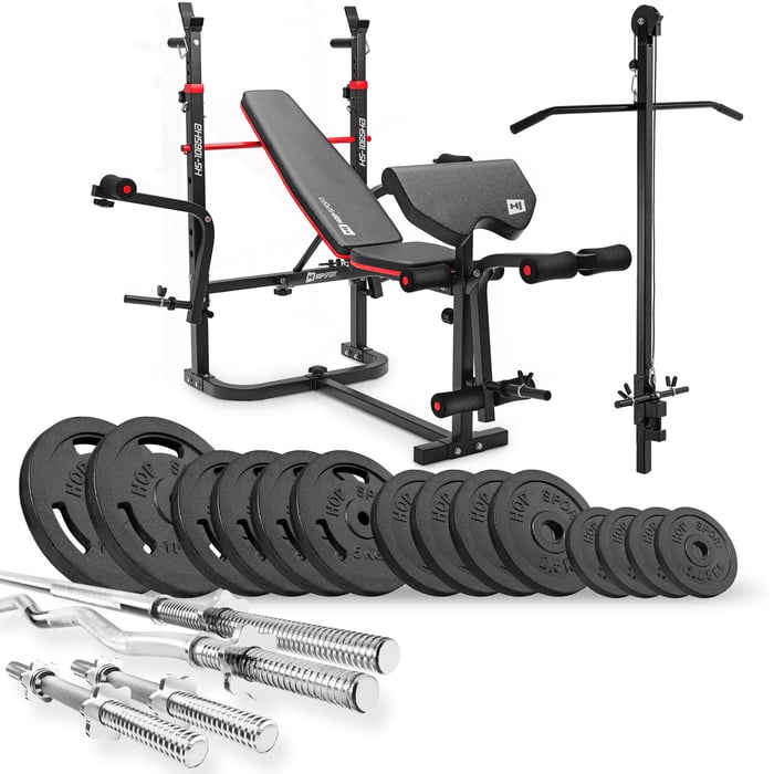 Set culturistico 76kg marca Hop-sport con panca da allenamento HS-1065 e lat machine