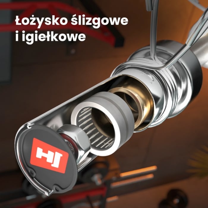 Sezione del bilanciere olimpico del marchio Hop-sport e visualizzazione del cuscinetto a strisciamento e a rullini