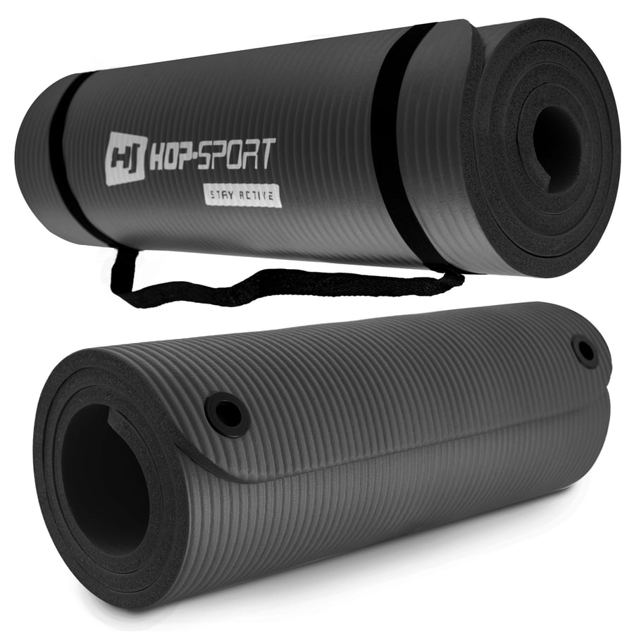 Tapettino per fitness, yoga o pilates, con cinghia di trasporto ed antiscivolo. Tapettino per esercizi a casa o palestra.NBR 1,5 cm con fori nero