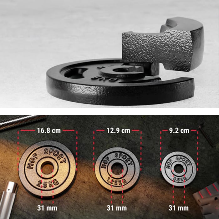 Primo piano sui pesi in ghisa e dimensioni del set di manubri con bilanciere estensibile 2x10kg del marchio hop-sport