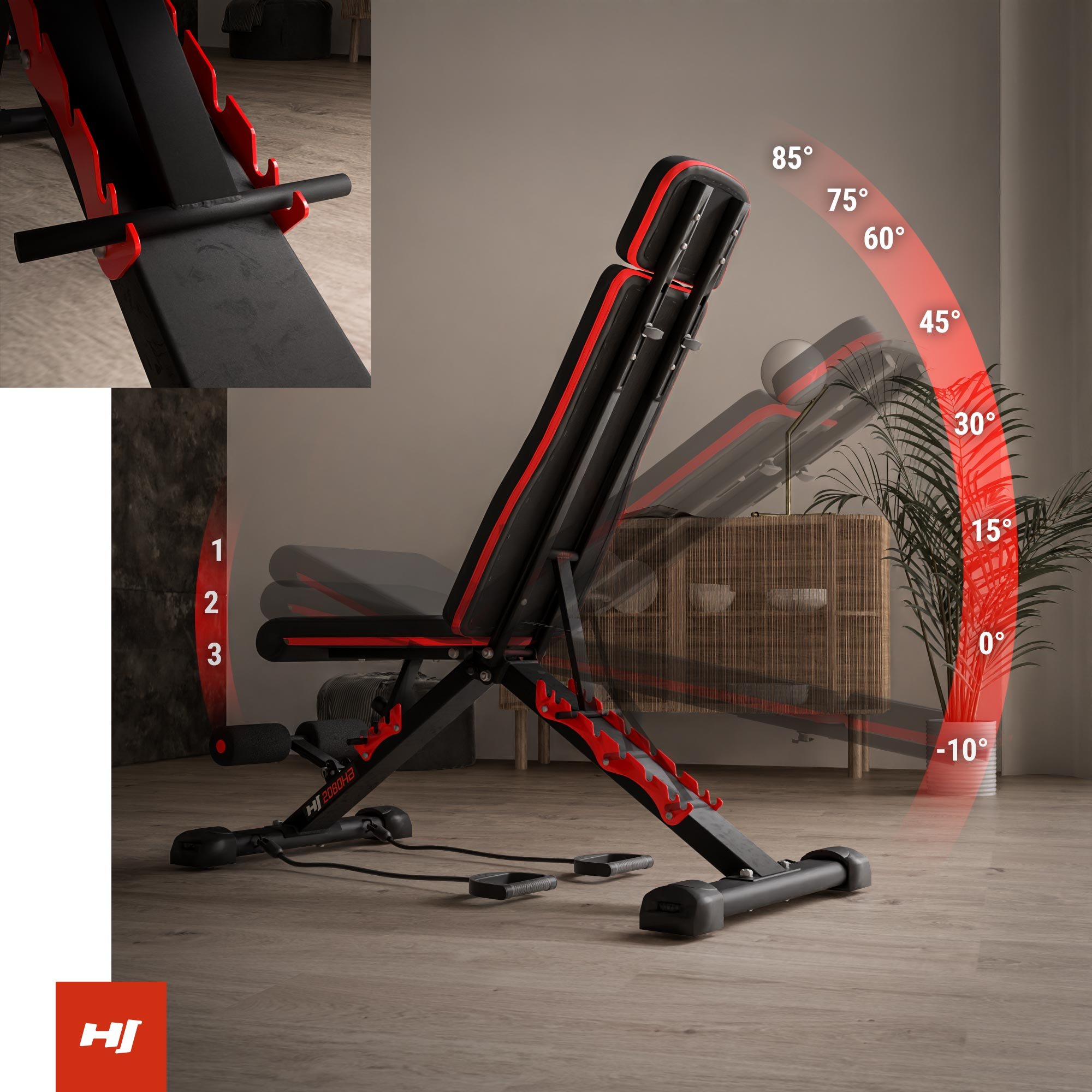 Nell'immagine sono mostrate le possibilità di regolazione dello schienale e del sedile della panca 2080HB