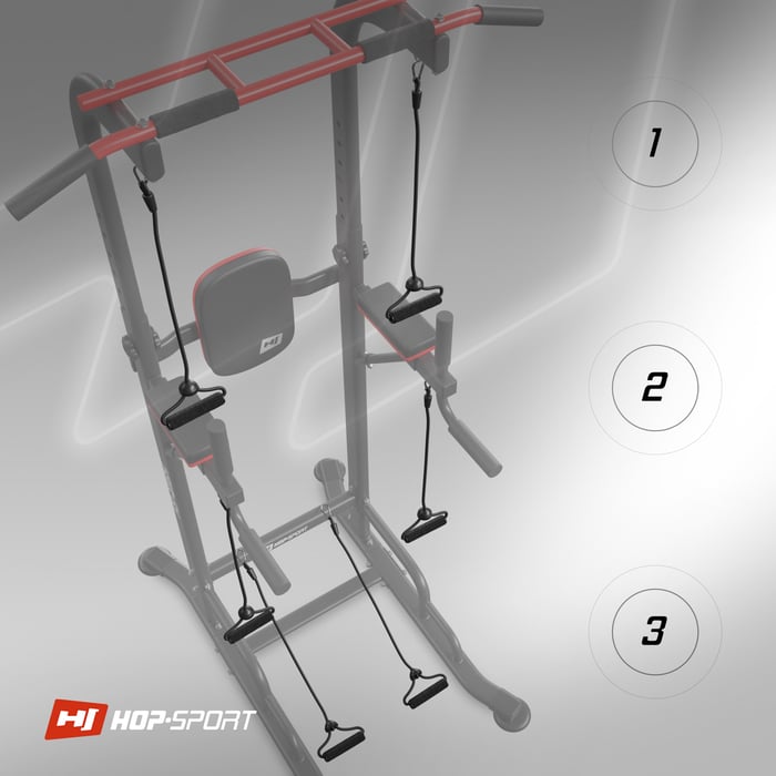 Mostrati i ganci per espansori nelle parallele da allenamento HS-1016K del marchio Hop-Sport