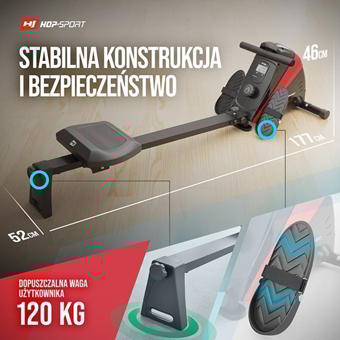 Vogatore da allenamento HS-030R Boost rosso dotato di piattaforme con superficie antiscivolo e cinghie di sicurezza