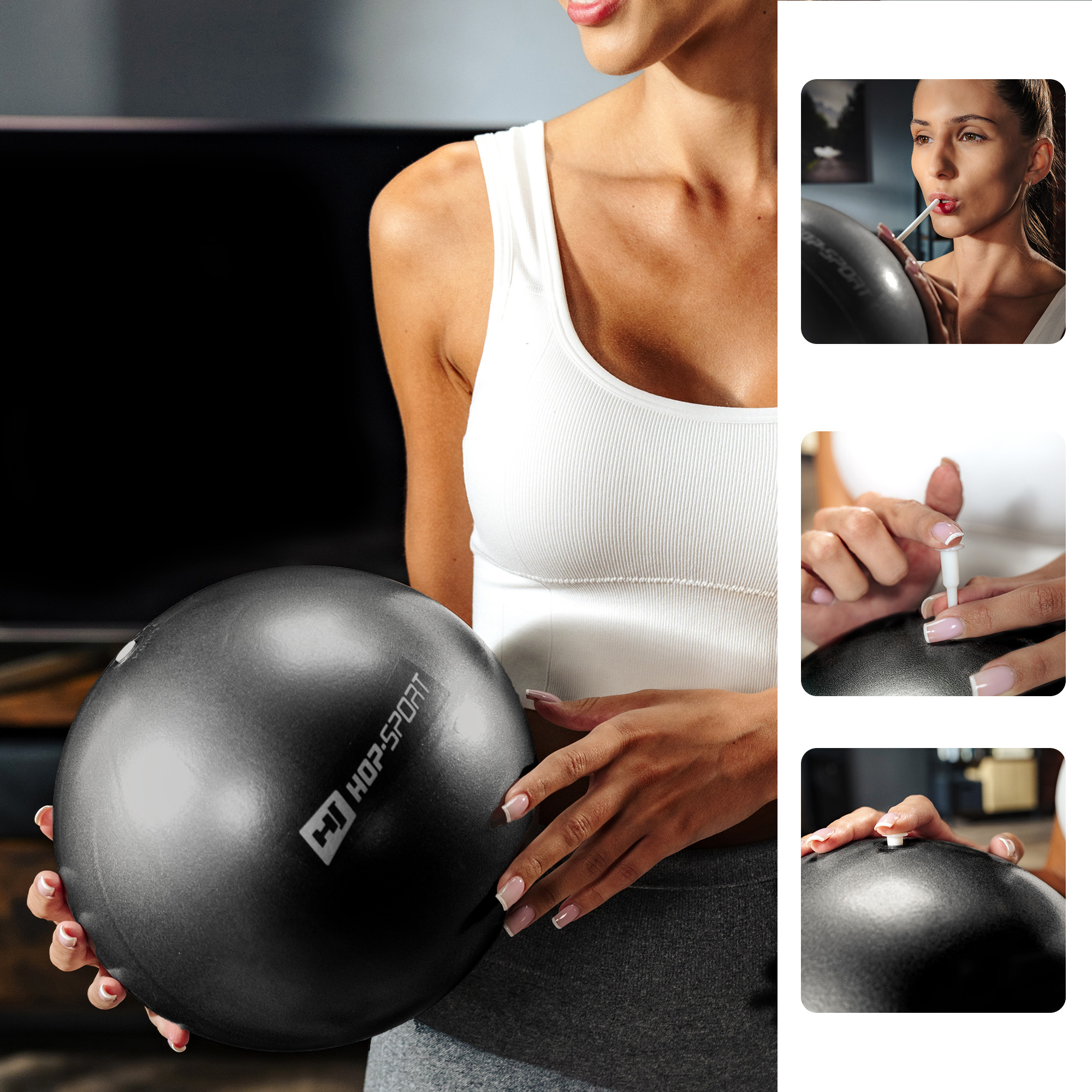 Palla nera da pilates Hop-Sport con tubo per gonfiaggio