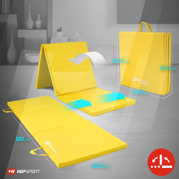 Possibilità di piegare il materasso ginnico del marchio Hop-Sport in colore giallo