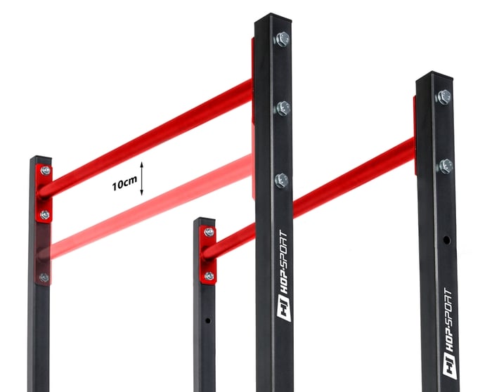 Mostrati i manici regolabili nelle parallele da allenamento HS-1001K del marchio Hop-sport